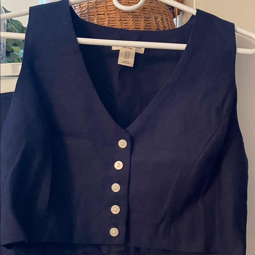 Christian Siriano Navy Size 10 Linen Set Pants and Buttoned Tank Top - Picture 4 of 11